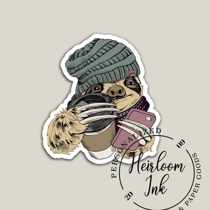 Coffee Sloth Waterproof Sticker for wholesale by Heirloom Ink