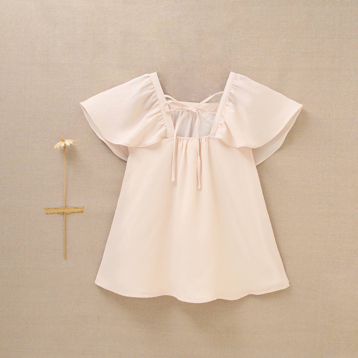 Beige Chiffon Girl's Dress with Short Flared Sleeves for wholesale on Faire7