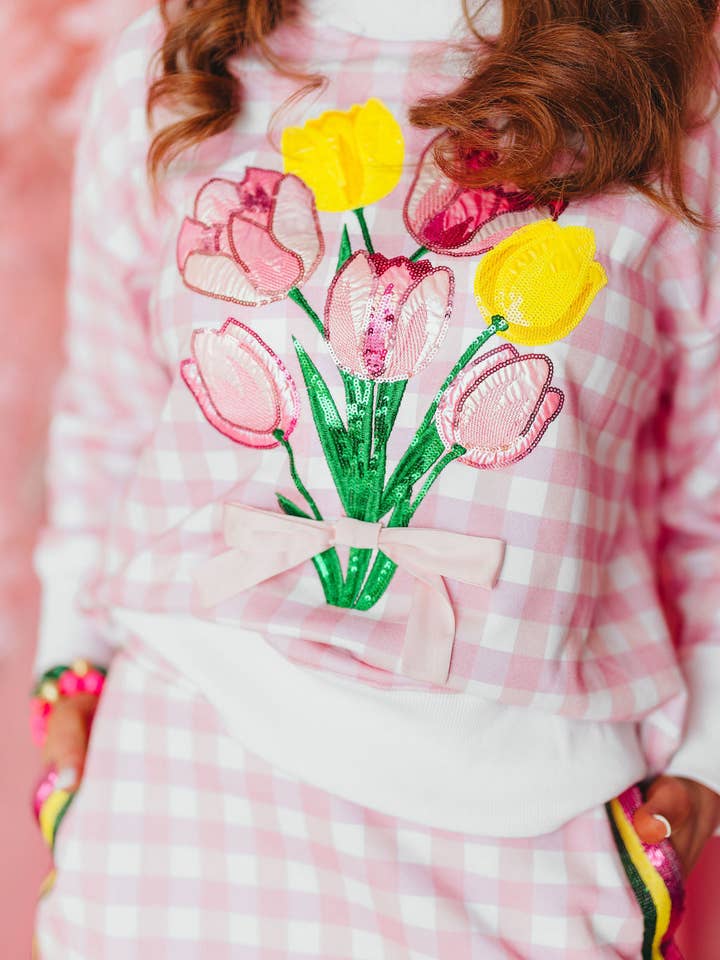 Brianna Cannon - Wholesale Graphic Sweatshirt - Women's - Pink Gingham Bouquet Sweatshirt