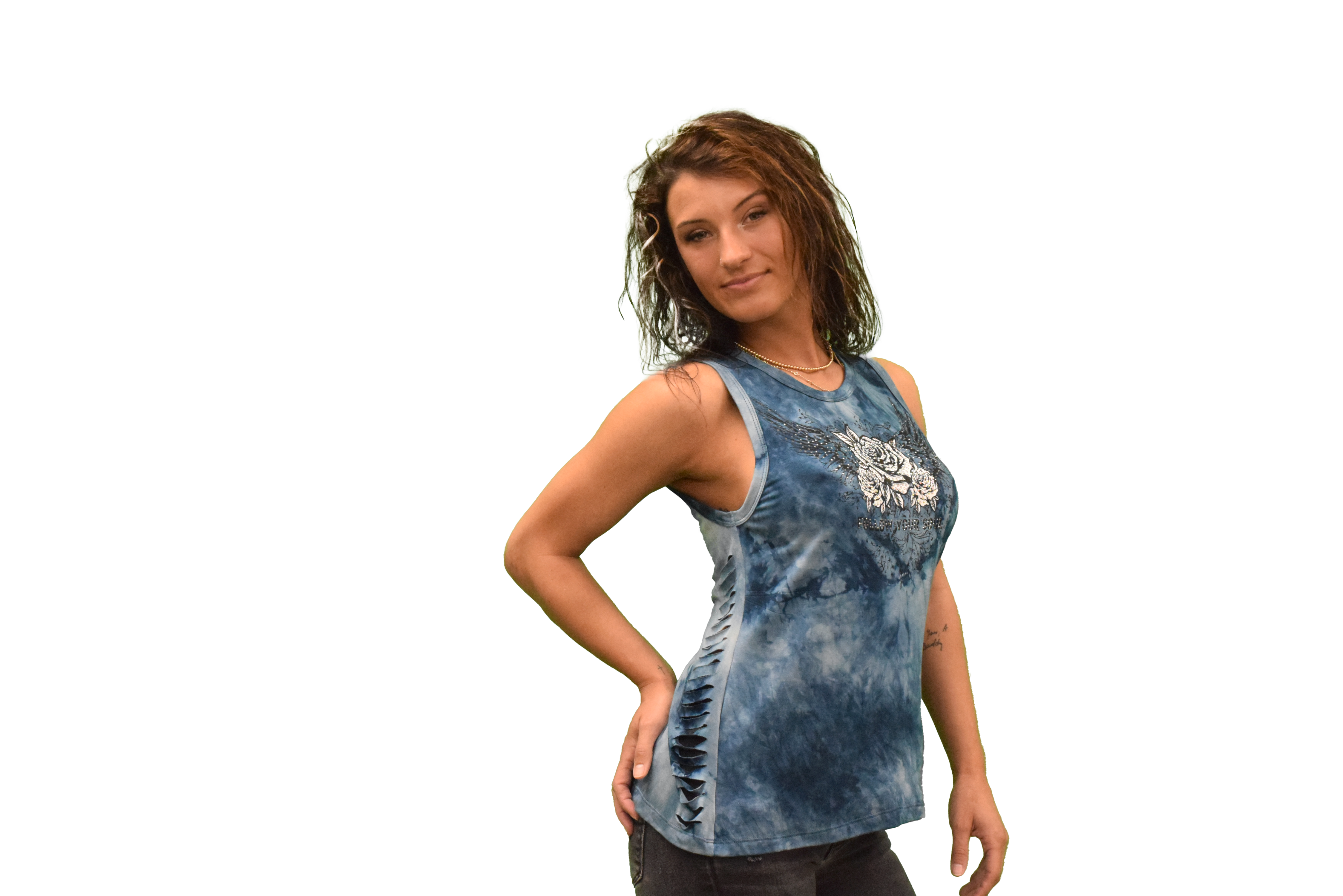 Liberty Wear Apparel - Vente Débardeur – femme - 7509 - Débardeur bleu effet minéral avec roses et ailes ornées de strass2