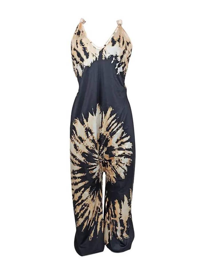 BLACK tie dye print v neck wide leg jumpsuit for wholesale on Faire