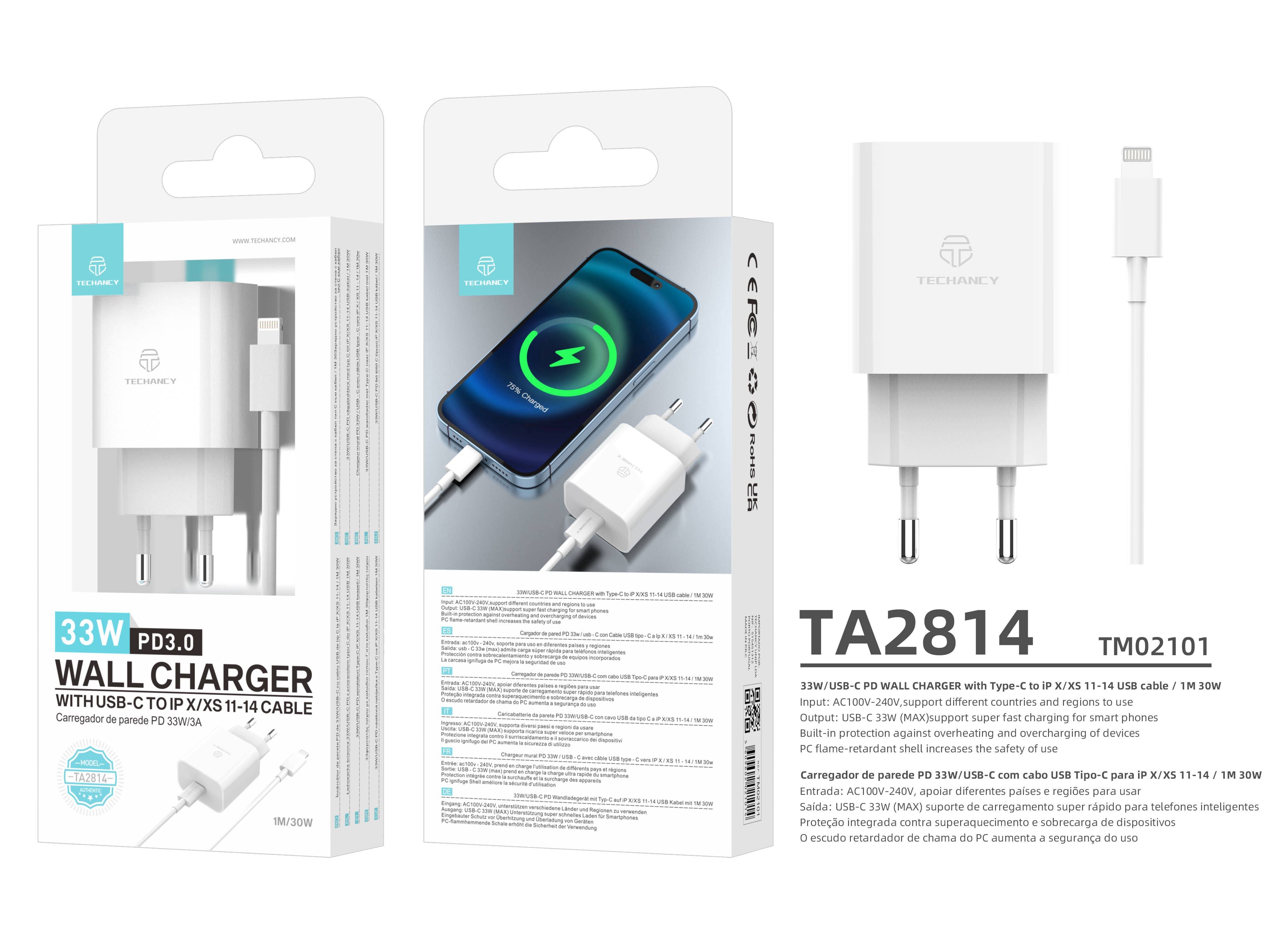 TECHANCY - Wholesale Power Adapter - 33W PD3.0 USB-C Fast Wall Charger with Type-C to Lightning 4