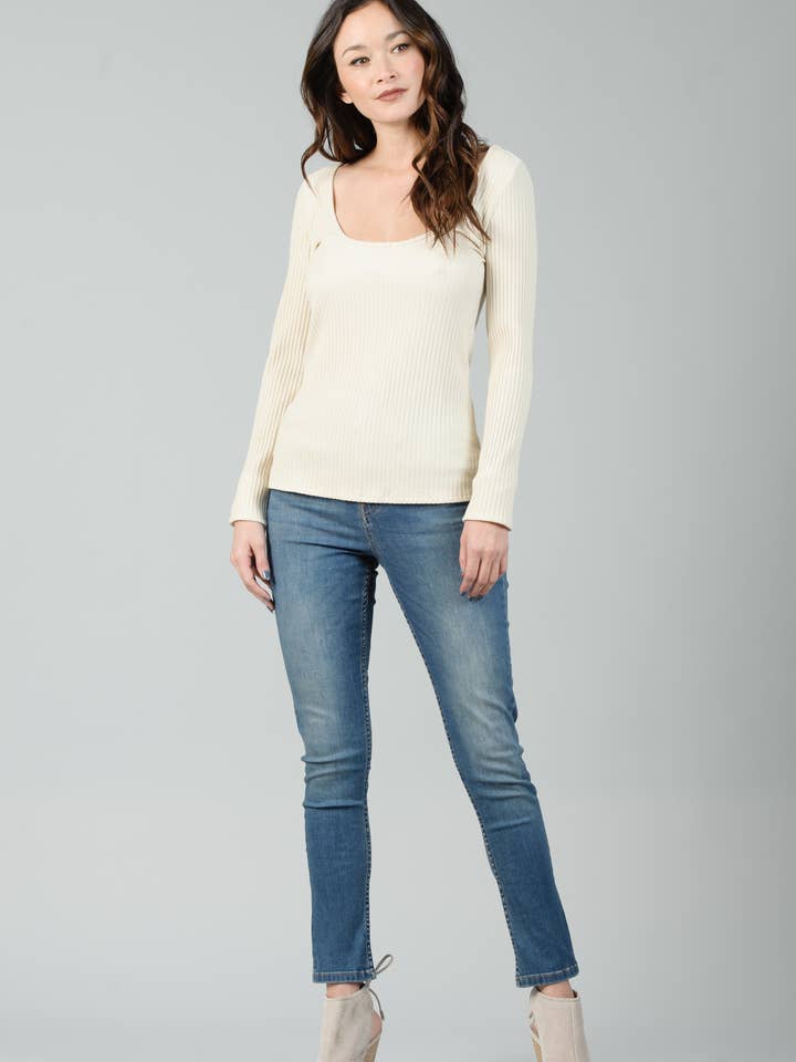 NYT3147-Fig Ribbed Neck Long Sleeve -CREAM for wholesale by Lucca Couture