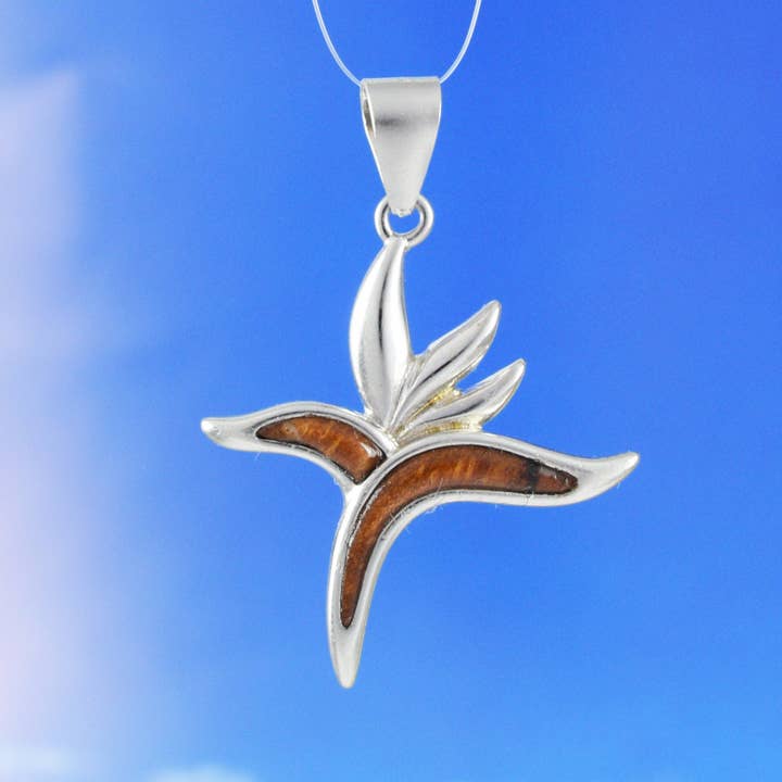 Genuine Koa Wood Bird of Paradise Pendant, Sterling Silver Bird of Paradise Flower Pendant, Christmas Mom Gift Birthday Gift for wholesale by Paradise Treasures Jewelry
