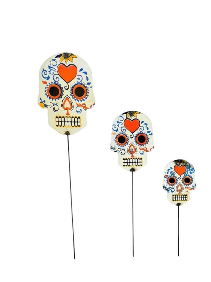 23"H 17"H 12"H - Sugar Skull Stake 3pc Set for wholesale by Rustic Farm