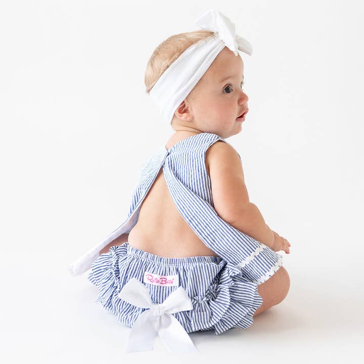 RuffleButts + RuggedButts - Wholesale Top & Short Set - Baby - Baby Girls Blue Seersucker Ric Rac Swing Top & Bloomer Set
2