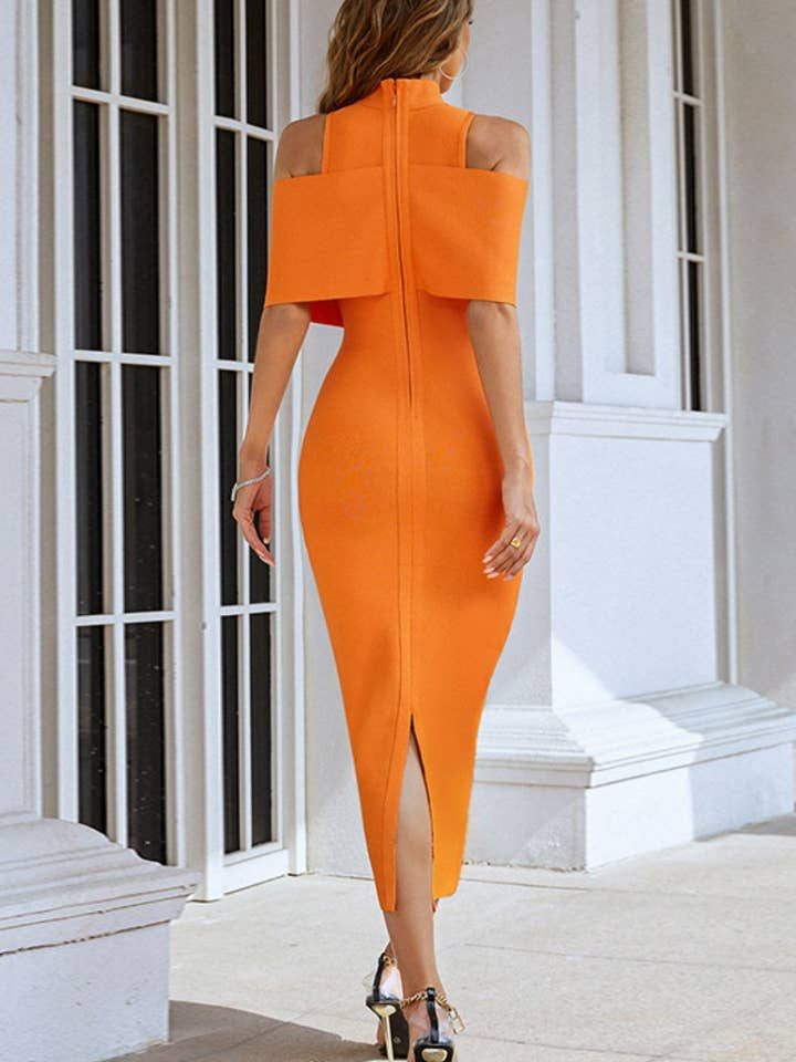 Orange Cold-Shoulder Mock Neck Slit Midi Dress for wholesale on Faire