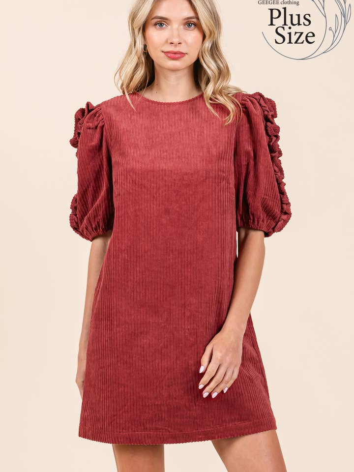 Plus Corduroy Ruffled Mini Dress, MD50773PL for wholesale by GeeGee x Lovelo