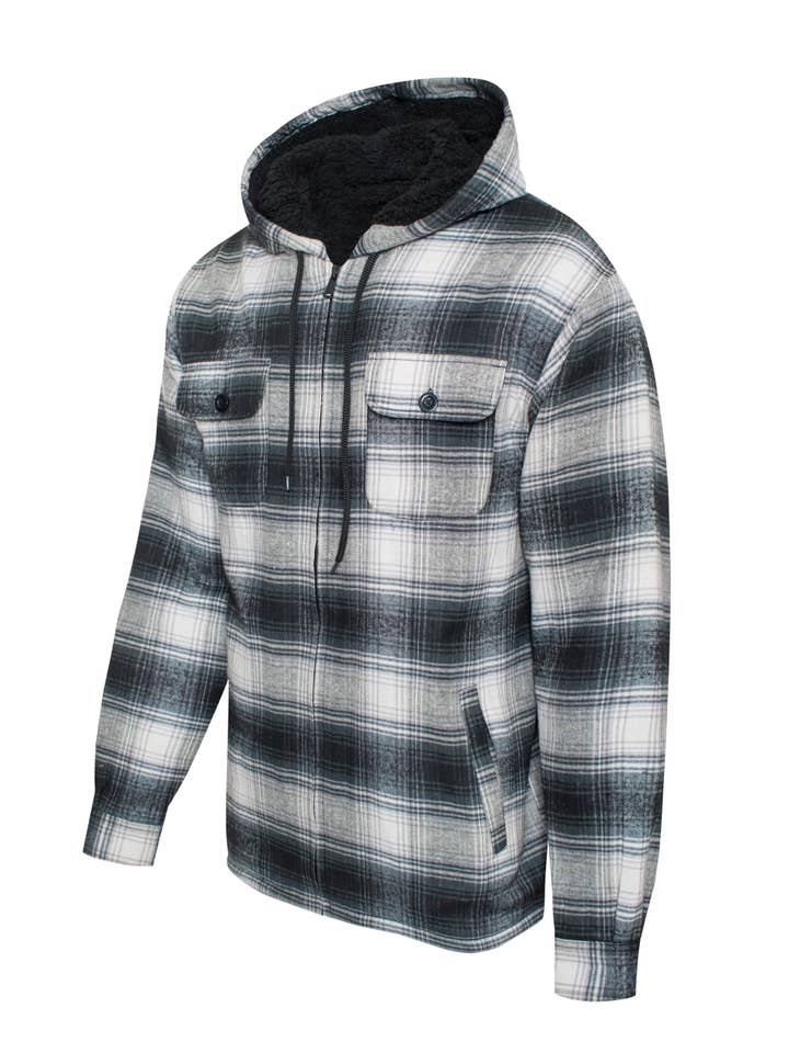Black Men's Flannel Sherpa Lining Jacket (HF-1003-Black #34) for wholesale on Faire
