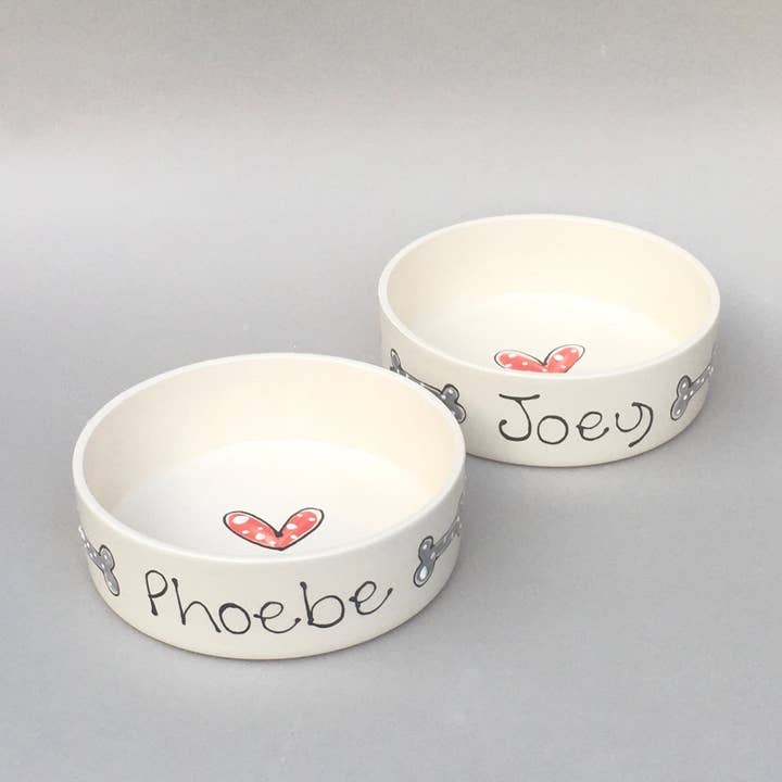 Hand painted Dog Bowl Hearts and Bones Design LARGE for wholesale by Purple Glaze Pottery