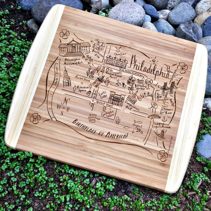 Philadelphia PA Map Bambusbræt (lille) for engroshandel hos Gooseberry Designs
