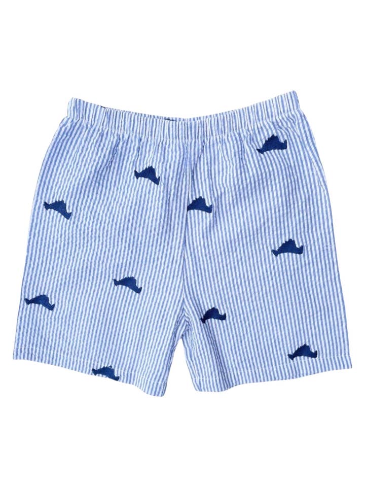 Blå Kids Seersucker Shorts med Navy Broderet Marthas vinmarker for engroshandel hos Piping Prints