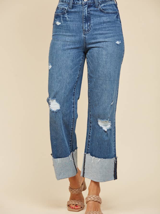STRAIGHT LEG BOYFRIEND FIT CUFFED JEANS -DENIM 2321PID for wholesale by WISTERIA LANE