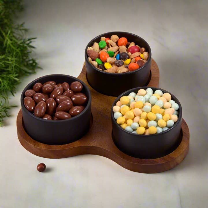 Triangular Serving Set with 3 Black Ceramic Dishes with Lids for wholesale by Kalmar Home