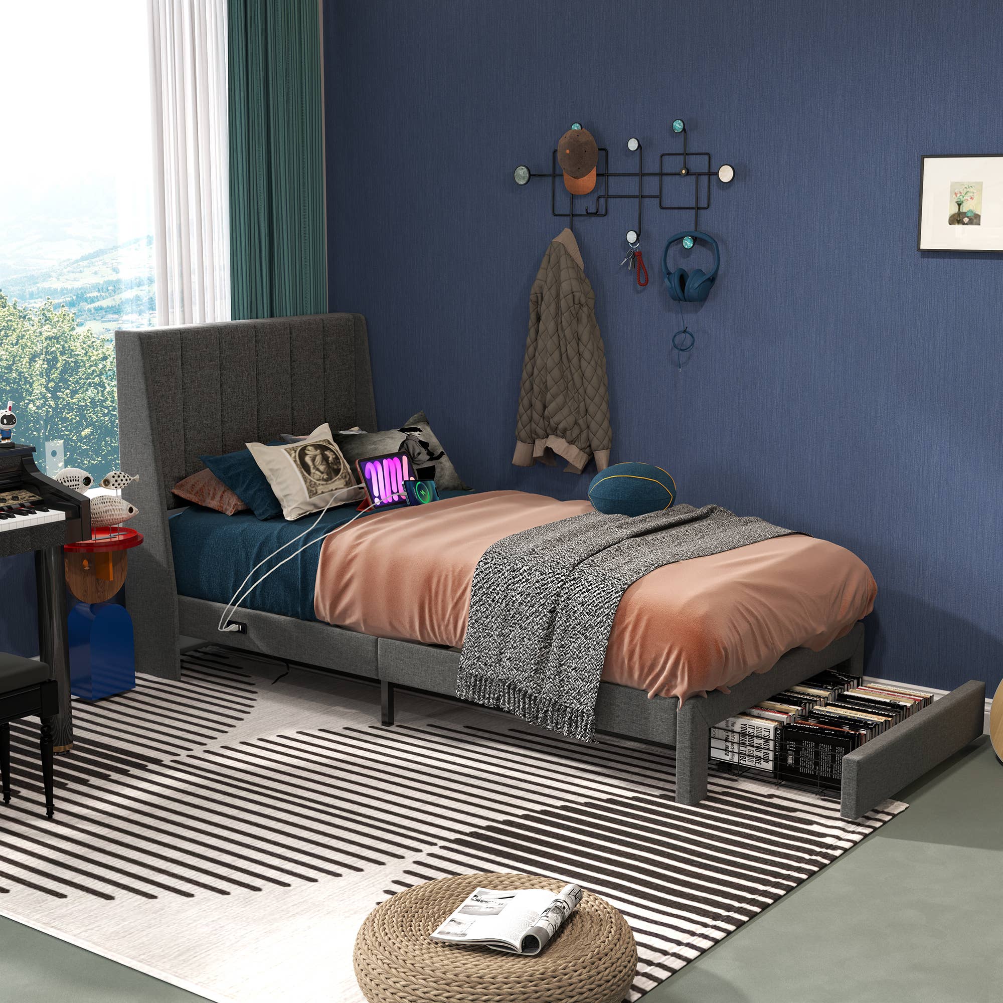 39F Inc. - Wholesale Bed - Twin Size Upholstered Platform Bed Frame w Drawer &USB1