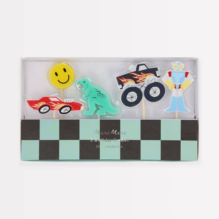 Toybox Kerzen-Set mit 5 lustigen Motiven für den Großhandel von Meri Meri