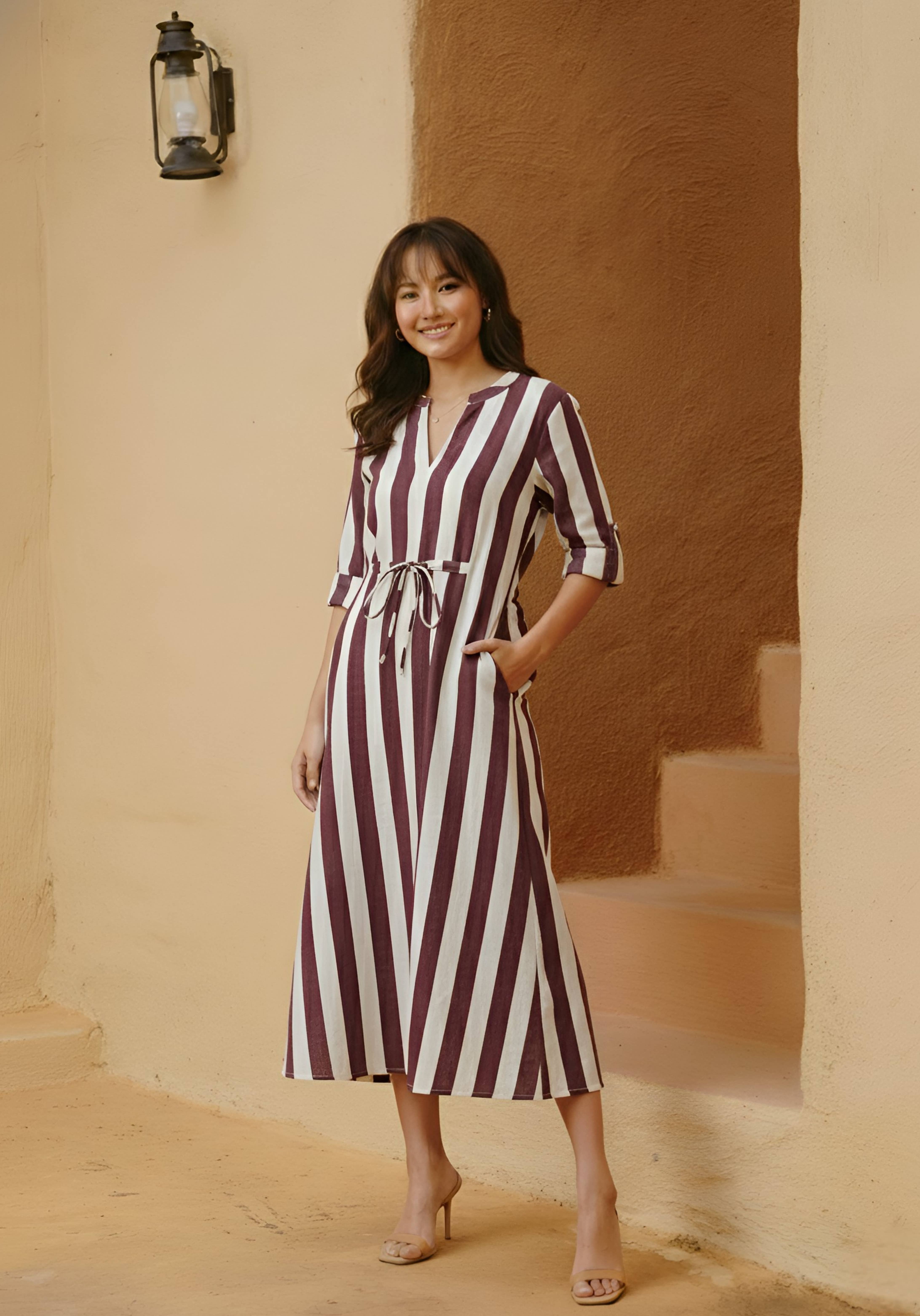 Poetry in Stitches - Wholesale Dress - Women's - KAEL - Maroon Stripped Dress1