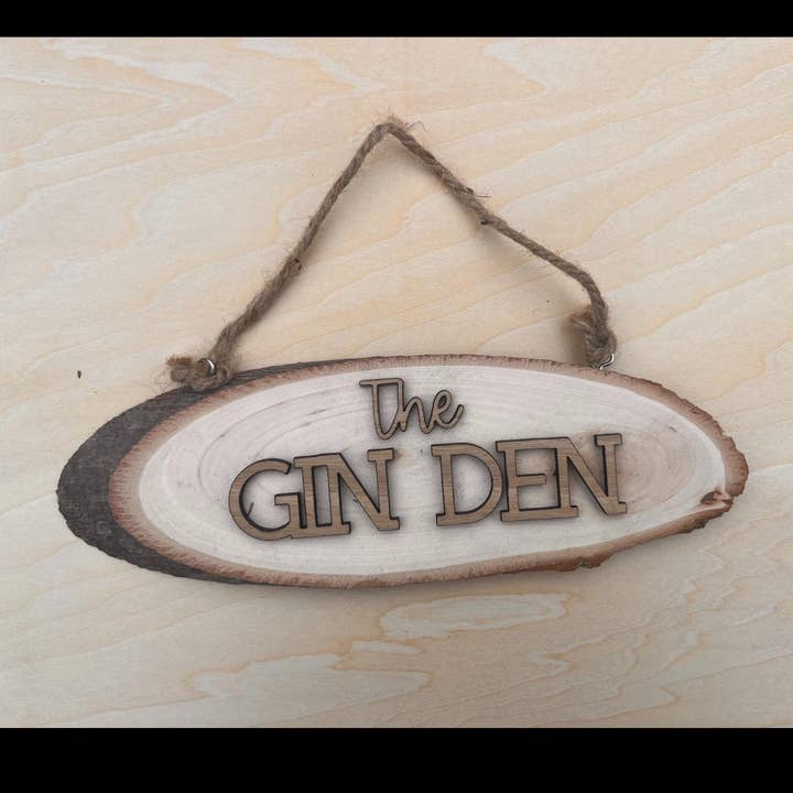 Rustic Wooden Gin Den Sign | Handmade Home Bar Decor for wholesale by The Flamingo Cabin