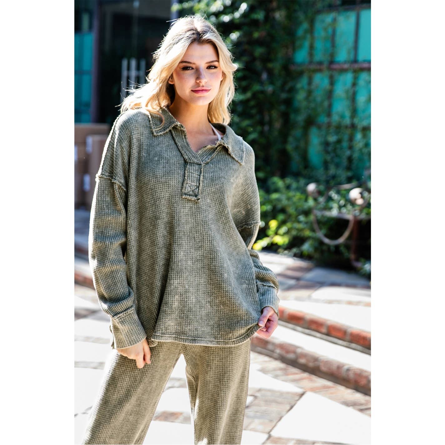 Rae Mode - Wholesale Athletic Top - Women's - MINERAL WASHED WAFFLE POLO SWEATSHIRT26