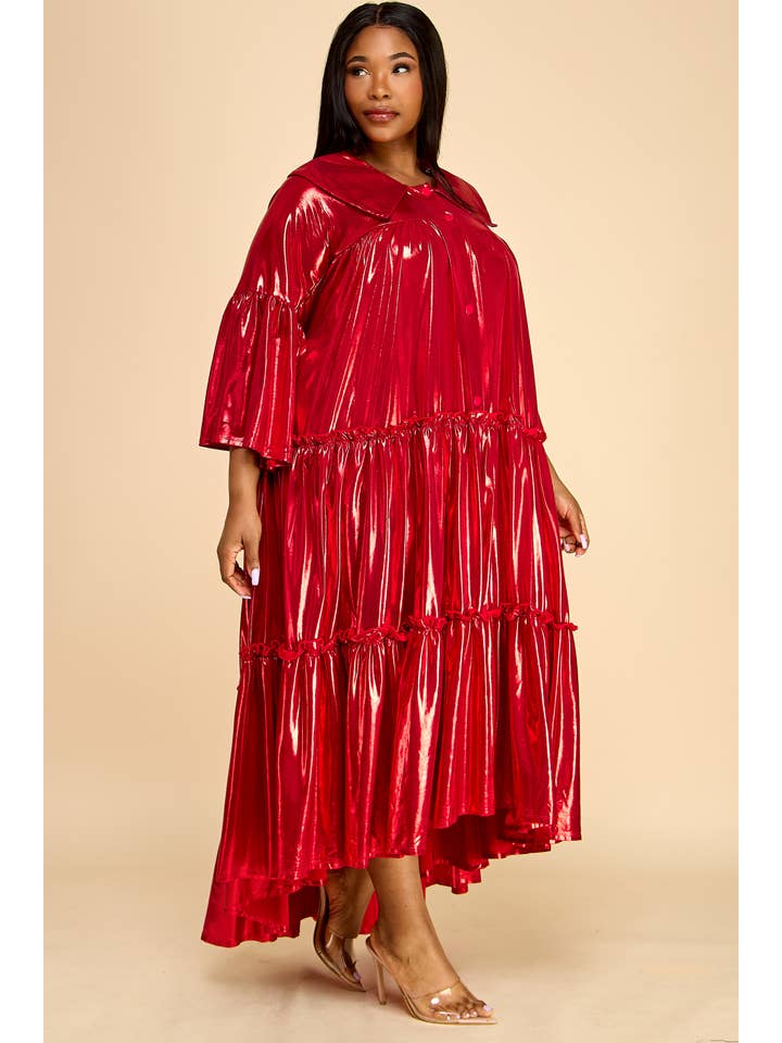 Namatt Design - Wholesale Dress - Women's - Plus Flare Sleeve Metallic Pleated Tiered Flare Dress