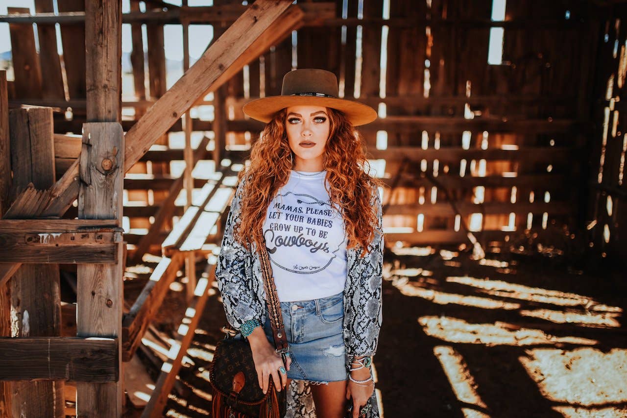 The Coyote Cowgirl - Wholesale Screen Printed T-Shirt - Women's - Mamas Let Your Babies Be Cowboys Bulk-0171