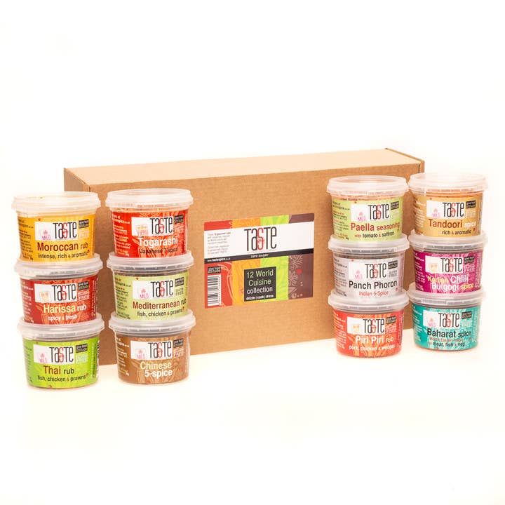 Smag verden 12 Rub samling | Gavesæt | Grubber, blandinger for engroshandel hos Taste Gourmet Spice Co