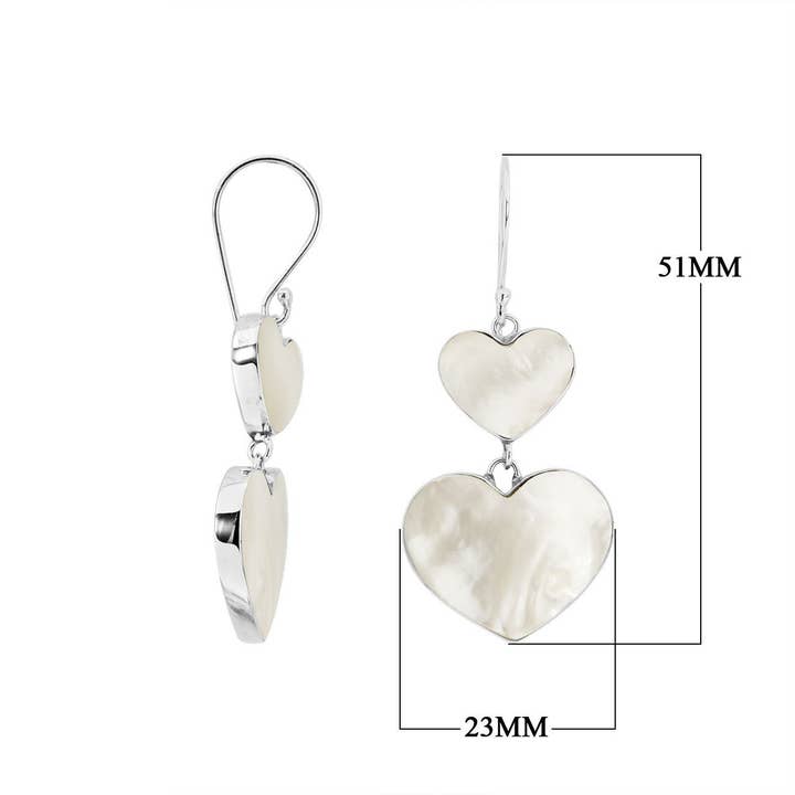 Bali Designs - Wholesale Dangle Earrings - AE-1170-MOP Sterling Silver Mother Of Pearl Double Heart Long Drop Statement Earrings4