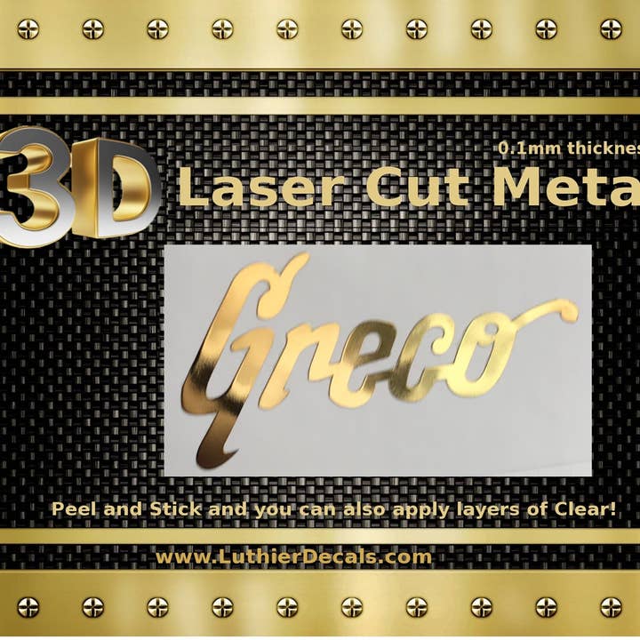 Autocollant Greco M12B en métal découpé au laser 3D pour guitare pour la vente par Luthier decals