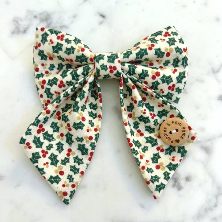 Puppies & Pom Poms - Wholesale Pet Bow Tie - Dog - Handmade Dog Sailer Bow Tie - Christmas Holly1