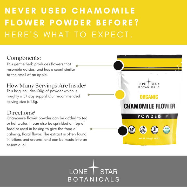 Lone Star Botanicals - Venta al por mayor Proteínas y superalimentos en polvo - Polvo de Flor de Manzanilla Orgánica -- 3,52 oz4