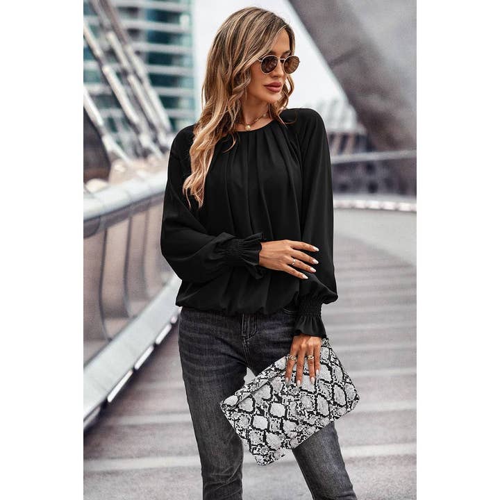 Shoppe247 - Wholesale Blouse - Women's - Back Cut Out Button Sleeve Hem Ruffle Ruched Top9