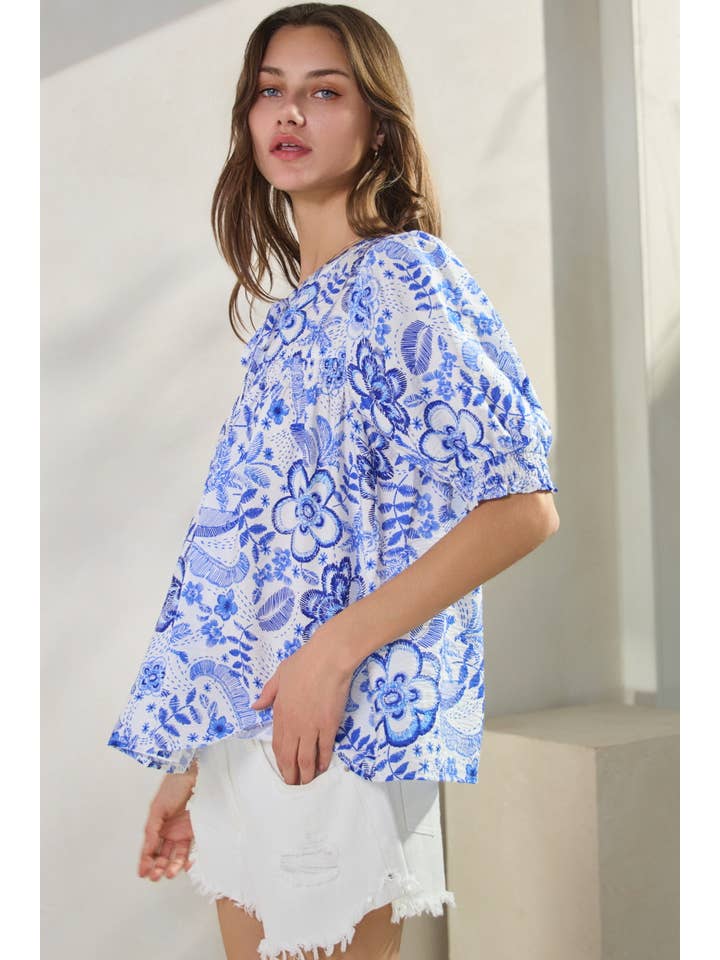 Blue Multi Summer Resort Printed Short Sleeve Blouse for wholesale on Faire