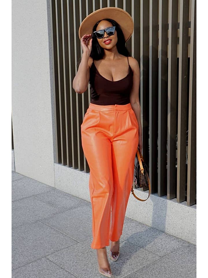 Orange Faux Leather Pants for wholesale on Faire