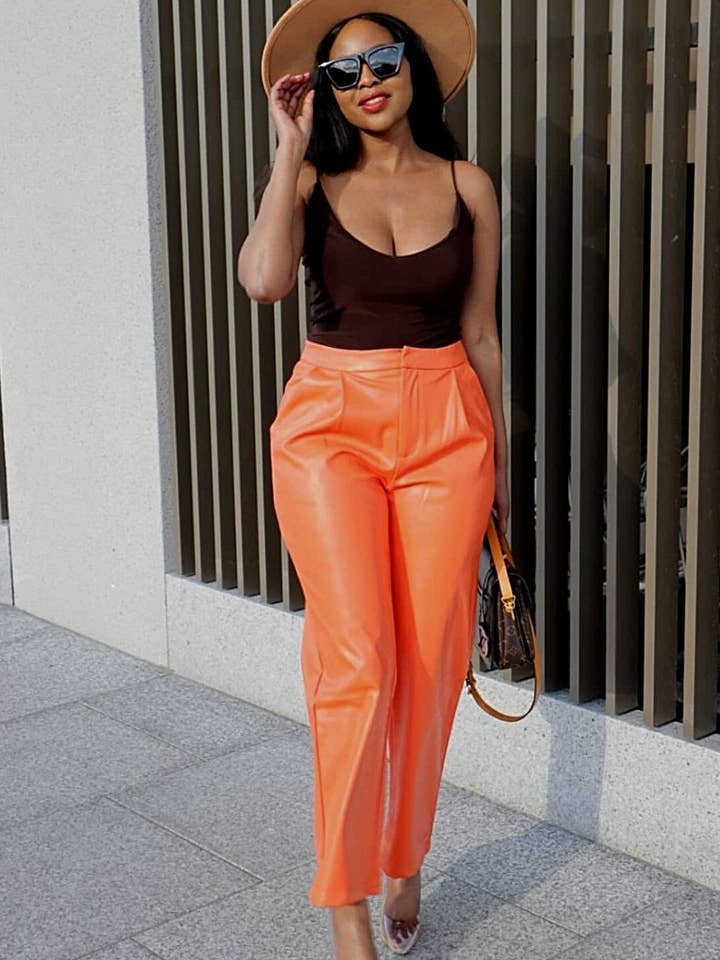 Orange Faux Leather Pants for wholesale by SETSOFRAN London