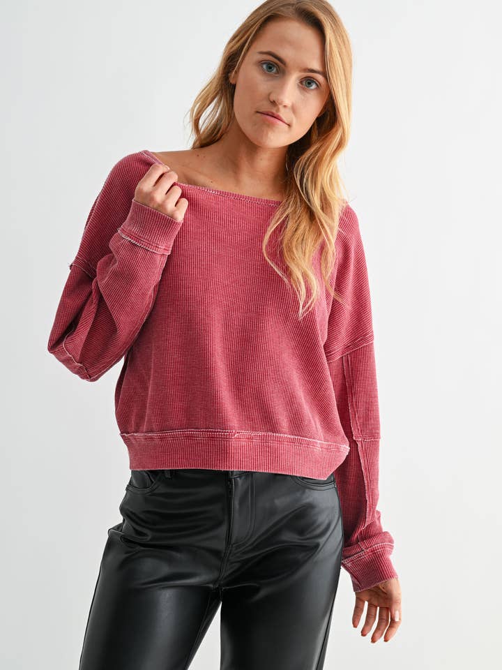 Raw Edge Waffle Knit Boatneck Pullover for wholesale by Mono B