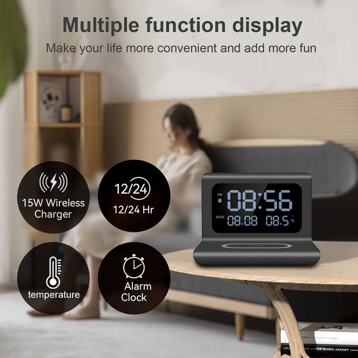 Modpopdeco – wholesale Charging dock – Multifunctional Wireless Charging Station Time Temperature Alarm Clock for Bedroom Desk Works with iPhone 16 15 14 13 12 11 Series AirPods Pro 2 3 4 Samsung S25 S23 S22 S21 S20 Galaxy Buds5