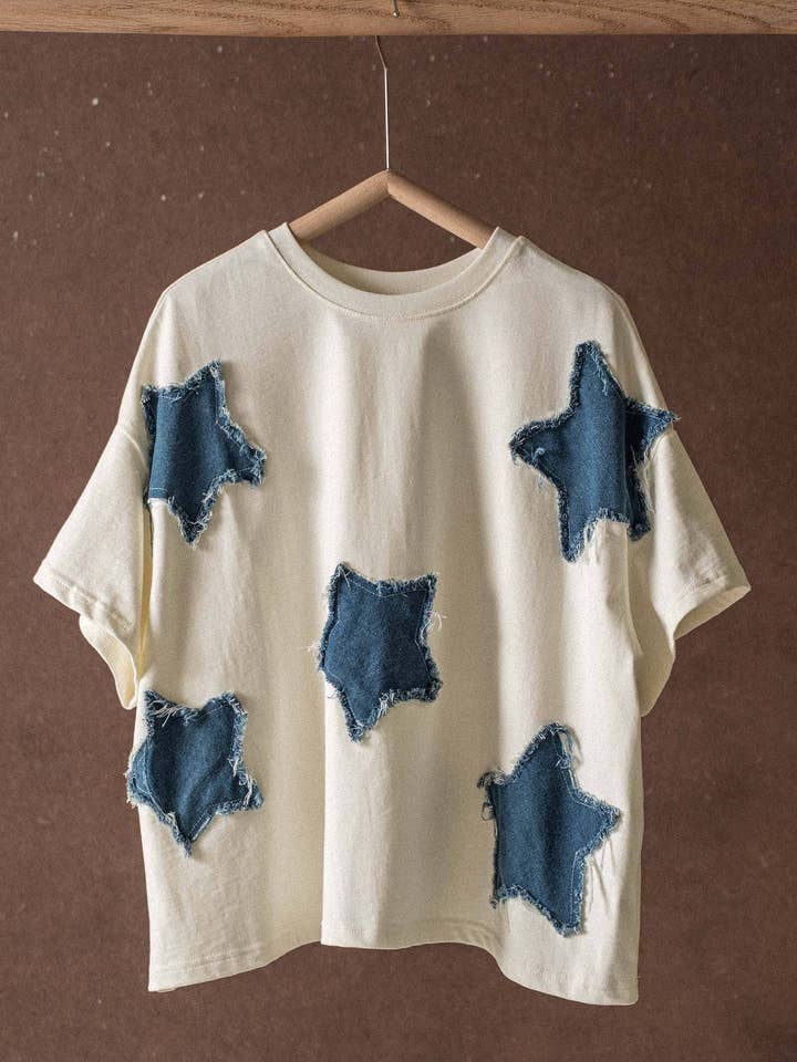 Distressed Denim Star Appliqué Tee for wholesale by Urban Daizy