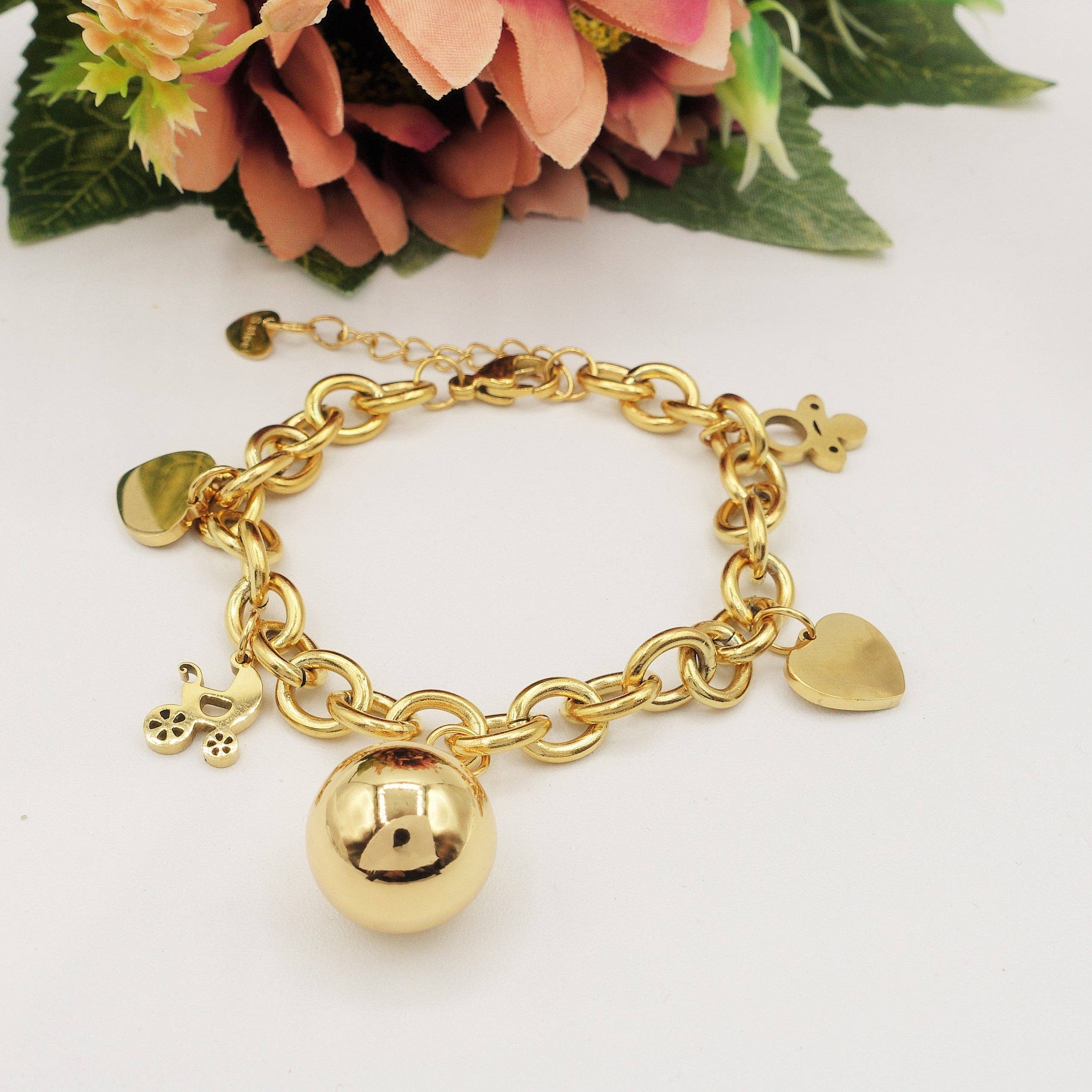 Daemon srls - Vendita all'ingrosso Braccialetto con ciondolo/pendente - Bracciale Baby in acciaio inossidabile con pallina chiama angeli e ciondoli nascita1