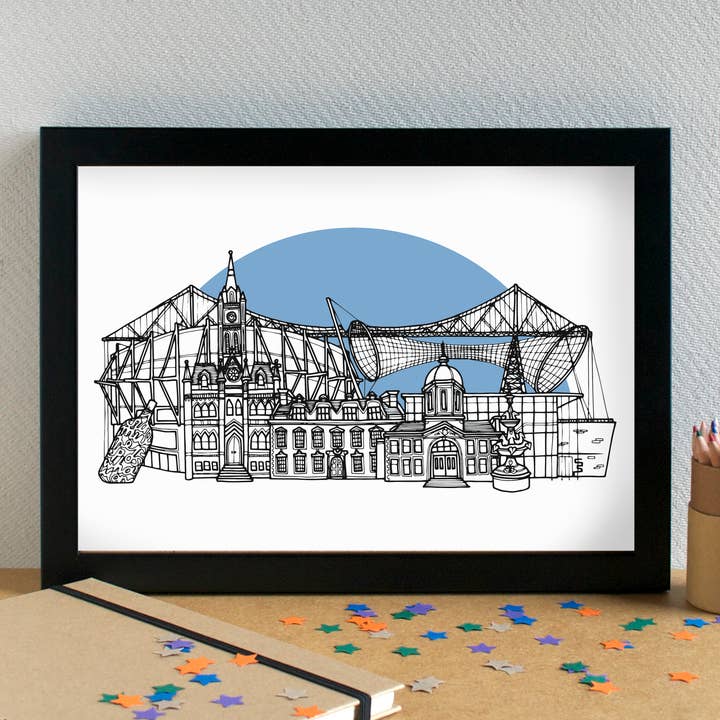 Middlesbrough Skyline Landmarks Art Print - unframed for wholesale by Becka Griffin Illustration