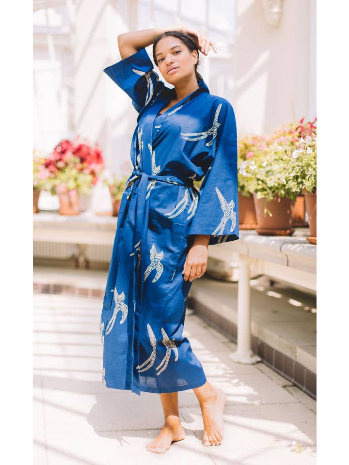 Susannah Cotton – wholesale Morgonrock - Unisex – Susannah bomull Kimono mantel - lång tailed fågel vit på blå6