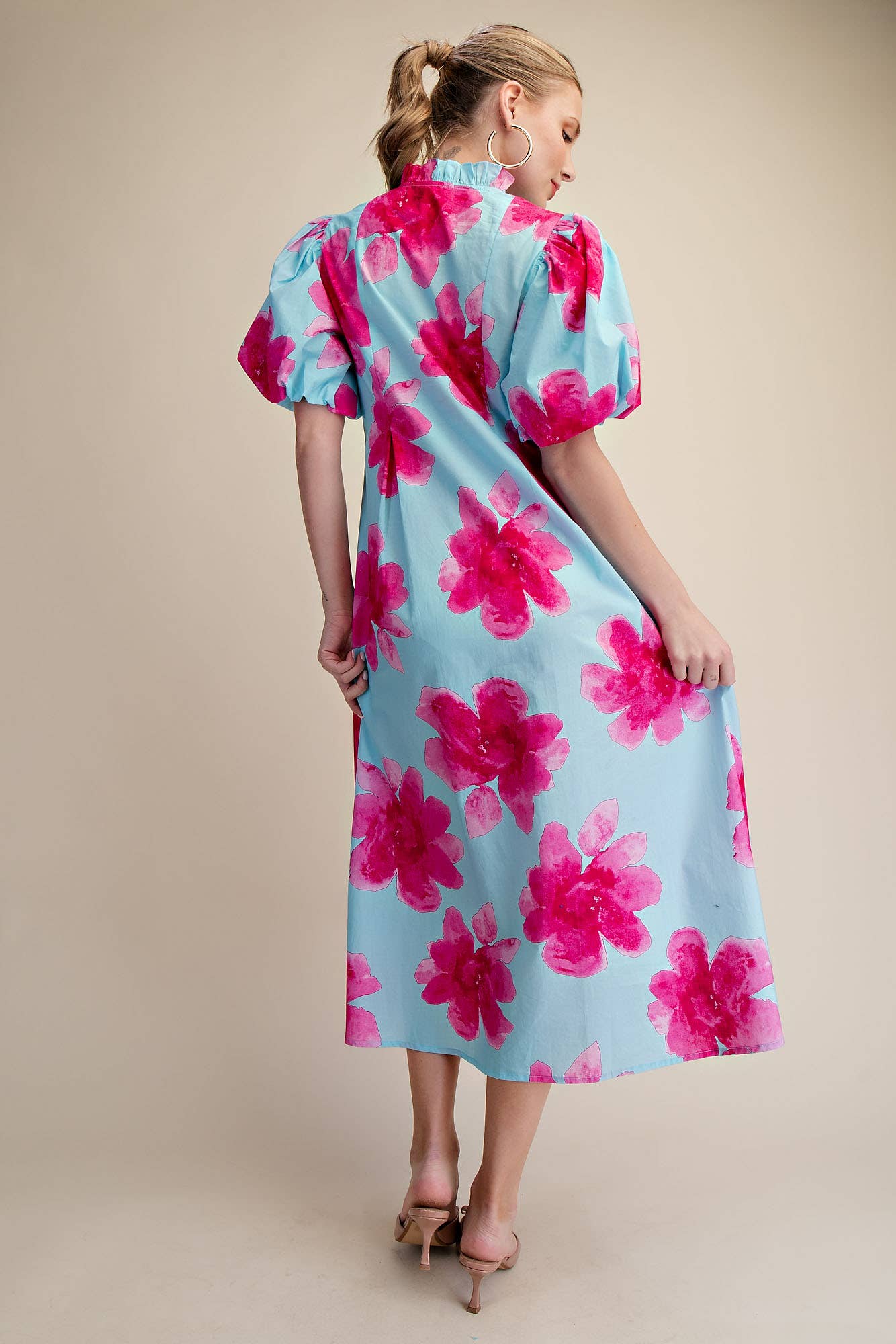 Glam - Wholesale Dress - Women's - Ruffle V-Neck Puff Sleeve Waist Pleated Midi Dress14