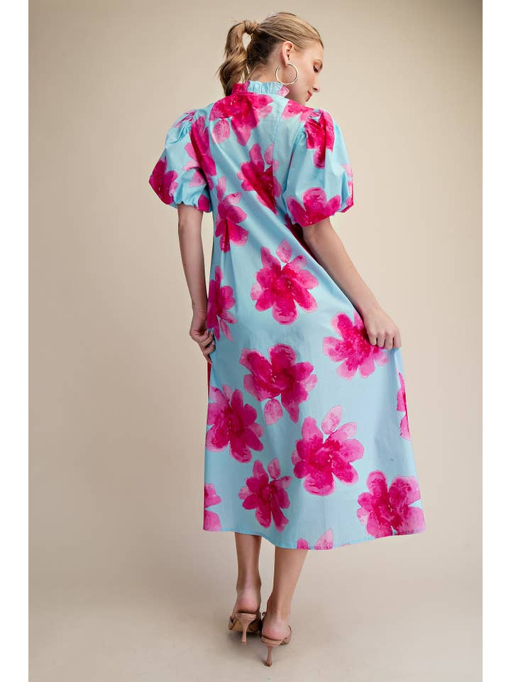 Glam - Wholesale Dress - Women's - Ruffle V-Neck Puff Sleeve Waist Pleated Midi Dress14