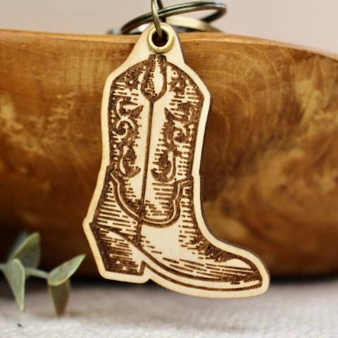 Wooden Cowboy Boot Keychain for wholesale by Slate & Stone Co.