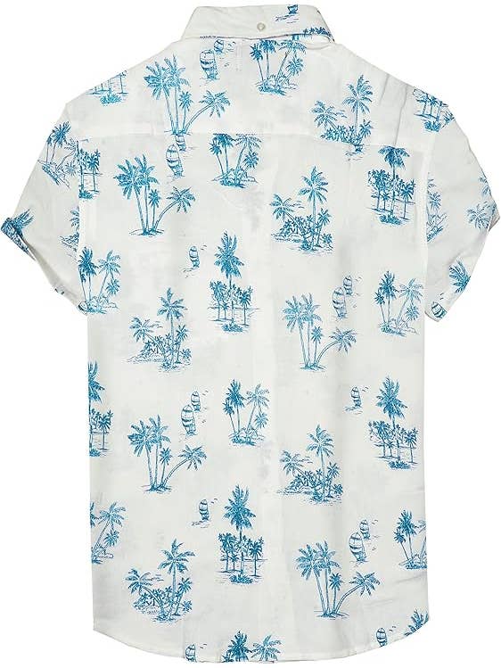 WHITE T BLUE HAPPY BAY Cotton Mens Hawaiian Shirt T_Blue Palm Tree P00440 for wholesale on Faire1