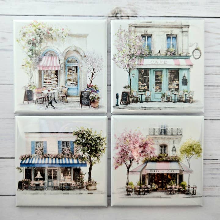 Magnet-Set - Set aus vier Magneten - Pariser Cafés für den Großhandel von Stuck Together Magnets