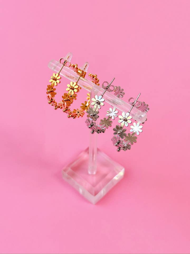 Daisy Metal Hoop Earrings - Gold, Silver, Y2K, Cute, Bold for wholesale by Golden Hour Designs
