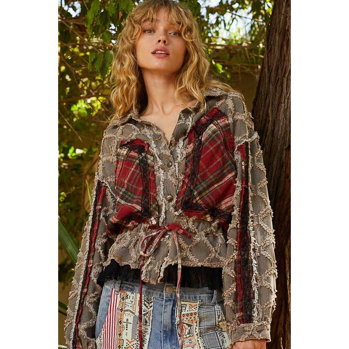 Pol Clothing - Wholesale Jacket - Women's - Balloon sleeve plaid contrast ruffle detail jacket