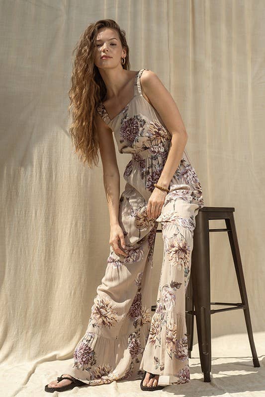 Taupe Floral Print Wide Leg Jumpsuit for wholesale on Faire11