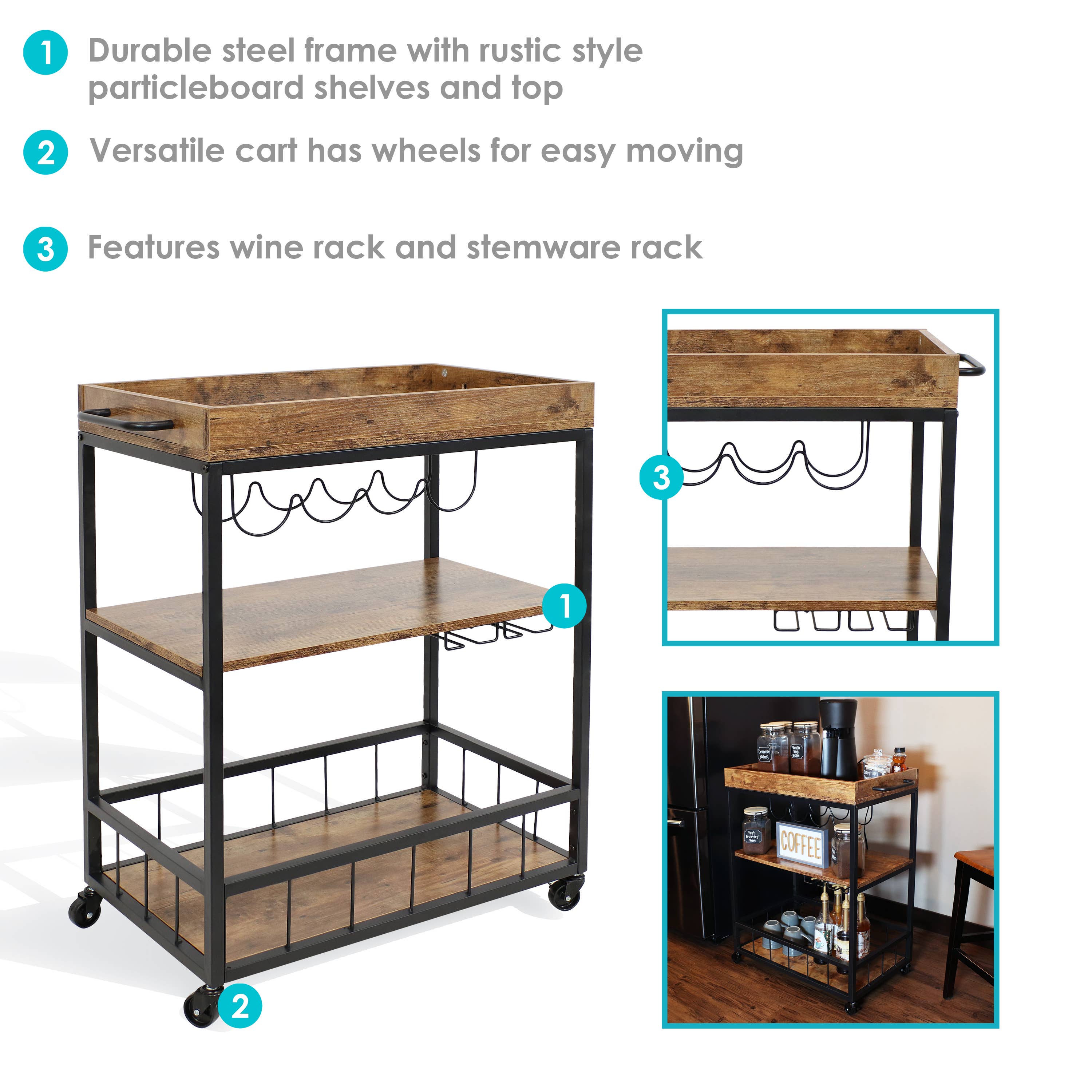 Sunnydaze Decor - Wholesale Bar Cart - 3-Tier Industrial Rolling Bar Cart with Wine Rack - 35 in2