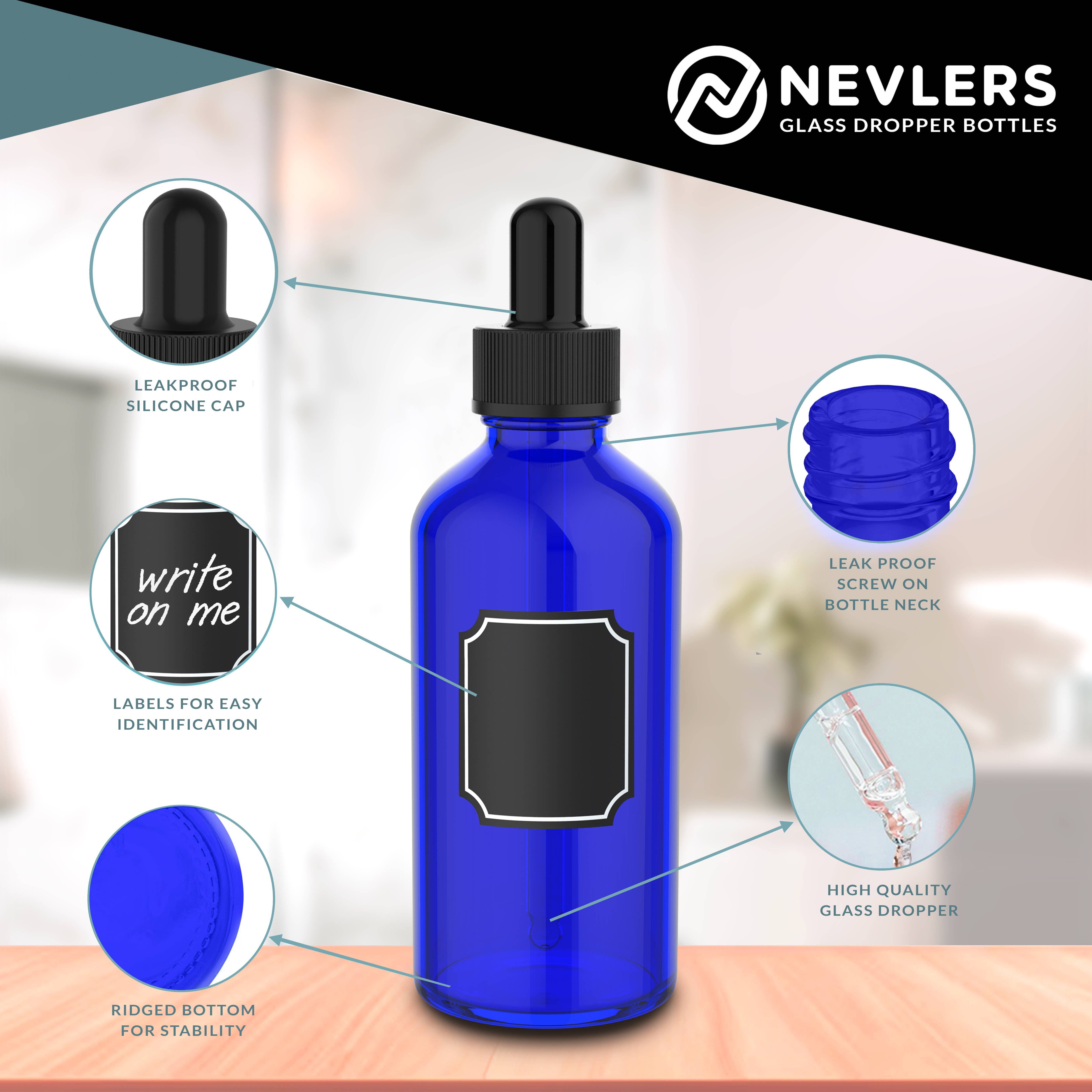 Nevlers - Vente Flacon de voyage - Flacons compte-gouttes en verre bleu cobalt - 120 ml (lot de 24)3